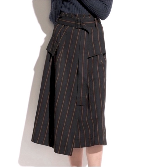 VINCE // Black/Goldenrod Pinstripe Belted Wrap Midi Skirt with belt Size 10 - Picture 1 of 8